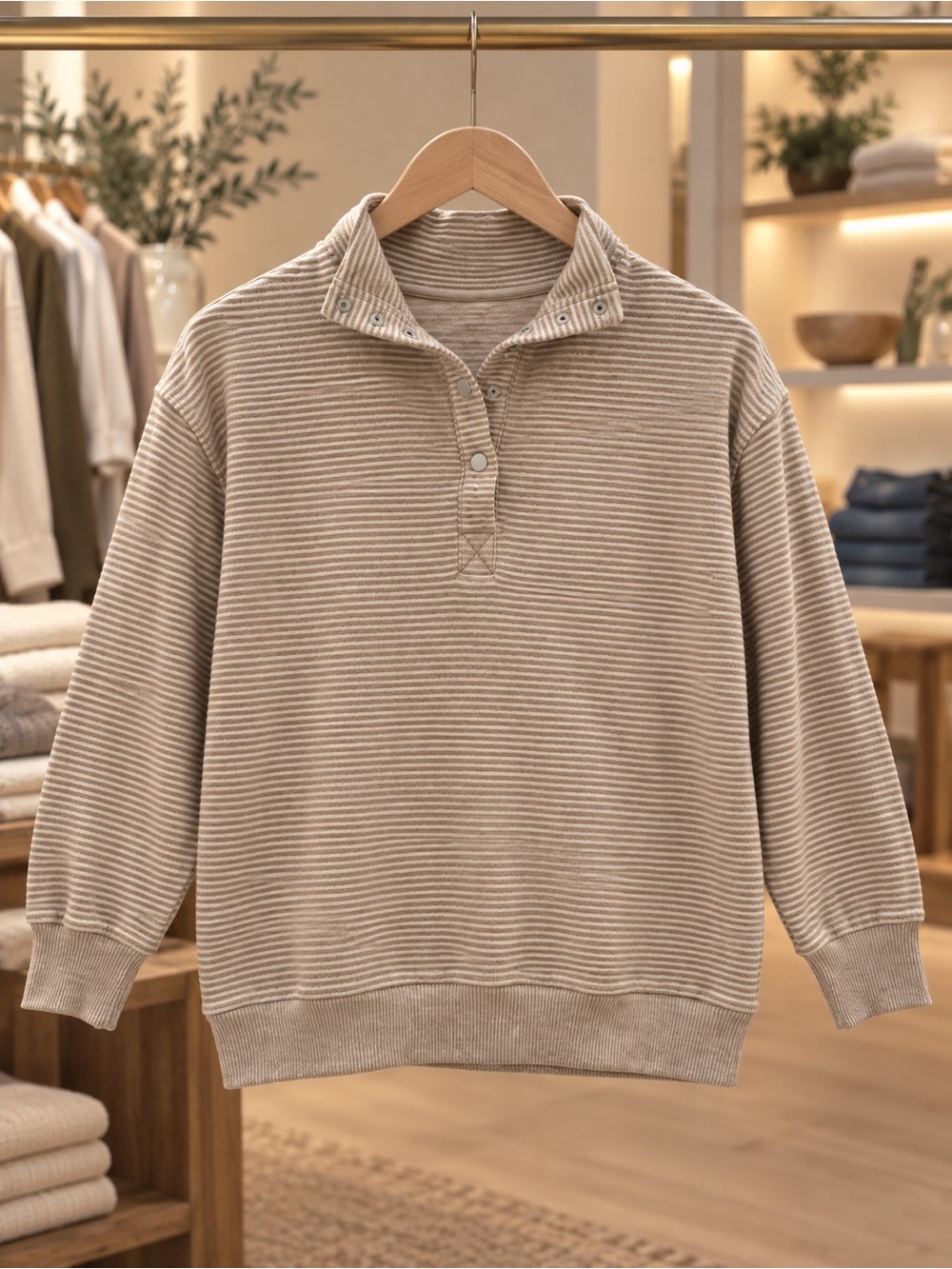 Thread & Supply Taupe Ribbed Button-Neck Pullover